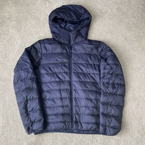 Uniqlo Down Puffer Jacket Womens Small Ultra Light Midnight Blue Hooded Packable - Picture 1 of 6